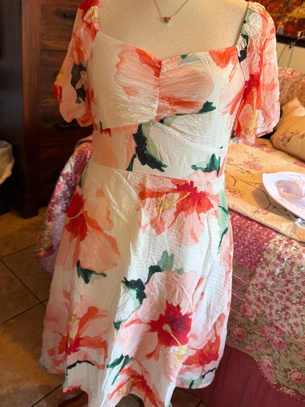 Luxology White Mini Dress with Coral and Green Floral Print